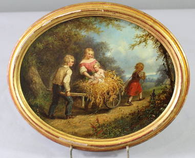 William Sanford Mason, 1824-1864: William Sanford Mason, 1824-1864, oil on board, oval portrait of children with hay in wheelbarrow on rural road, dated 1859, intricate detail in this small painting, signed lower left, oval frame 11.5