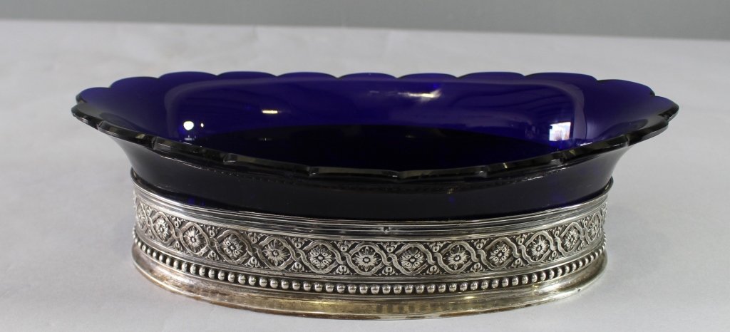 French Sterling Serving Dish by E. Lefebvre: French sterling embossed and cobalt blue glass serving dish by Eugene Lefebvve, 1896-1910. Beautiful scalloped border on glass dish, in perfect condition, 13" x 7.75" x 3.75".