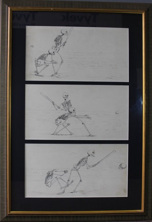 Edward Timothy Hurley ,1869-1950: Edward Timothy Hurley, 1869-1950, Cincinnati, Ohio. Three pen and ink sketches depicting animated skeletons: One Triptych showing skeletal batter and catcher awaiting pitch, the batter with catcher mo