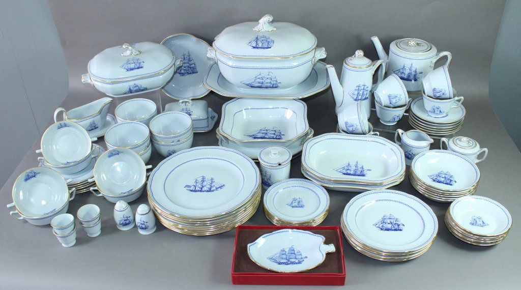 Fine Set of Spode China "Trade Winds Blue": Fine set of Spode, England, china "Trade Winds Blue". Set includes, large soup tureen and under plate (or 14" platter), 12" covered vegetable, 3-10" open vegetable bowls, 2-9.5" square platters, gravy