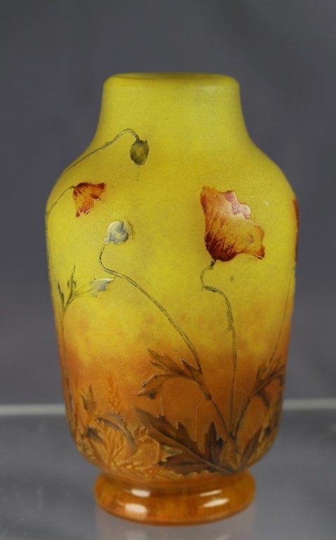 Daum, Cameo Art Glass Cabinet Vase: Daum, Nancy cameo art glass cabinet vase, raised floral decoration then polychrome enamel in browns and reds, minor loss to enameling, 3.5" x 2", signed.