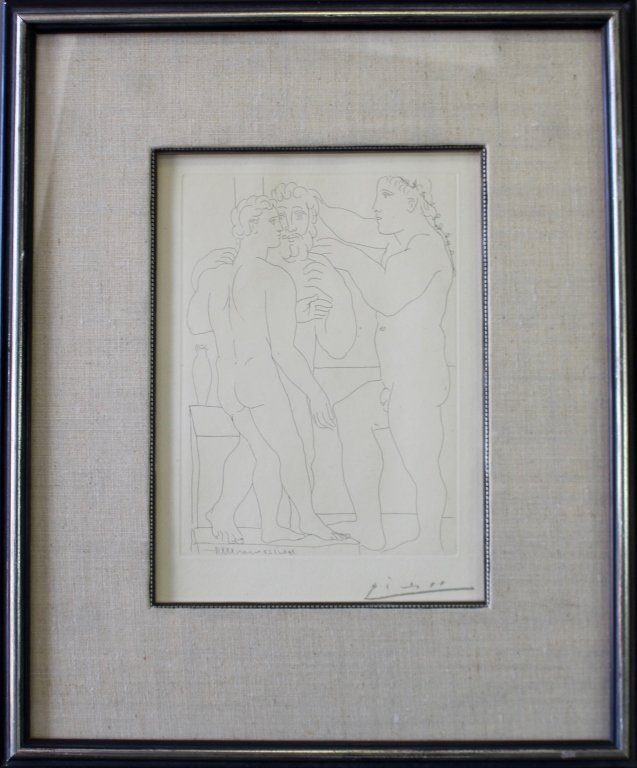 Pablo Picasso, 1881-1973: Pablo Picasso, 1881-1973. 1933 Etching, edition of 260, signed lower right, "Deux hommes sculptes", 10.5" x 7.75", watermarked paper, numbered 52, minor mat burn outside embossment, signed "work of ar