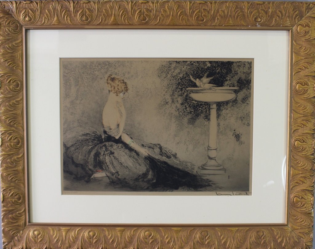 Louis Icart, Dry Point Etching "Wistfulness": Louis Icart, dry point etching, "Wistfulness", signed in stone lower right, artist's proof indicated lower left, adhesive evident on margins from mat, very good color and condition otherwise, image 17