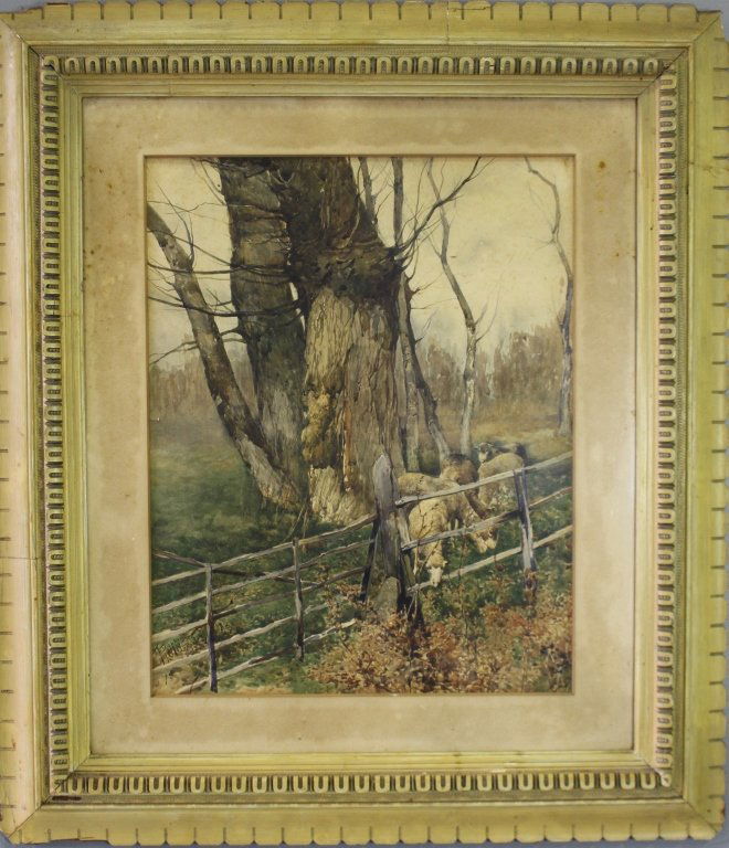 Filberto Petiti, 1845-1924: Filberto Petiti, 1845-1924, Italian, watercolor on paper, landscape with sheep grazing near fence, image 17.5" x 22", in original frame 31" x 35", matting needs replacing, very well done.