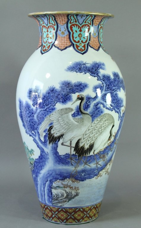 Fukagawa Japanese Floor Vase: Fukagawa Japanese floor vase, c. 1890-1910, signed, flying cranes, trees, etc. 24" x 13" diameter, mint condition.