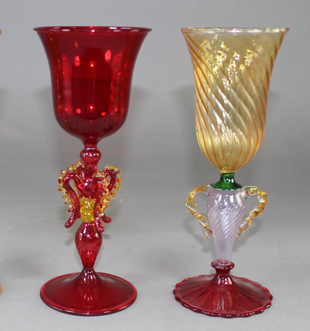 Two Murano Goblets: Three Murano Venetian goblets: Beautiful featherweight examples in ruby and amber. Approx. 8.75", mint condition.