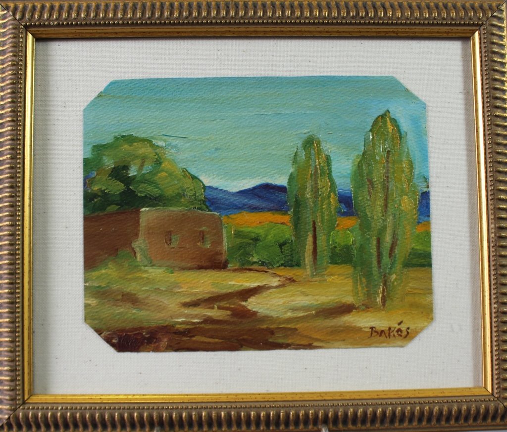 Jozef Bakos, 1891-1977: Jozef Bakos, 1891-1977, oil on board New Mexico landscape in vivid colors, 6" x 7.5", signed lower right, 10" x 12" frame. New Mexico artist, good condition.