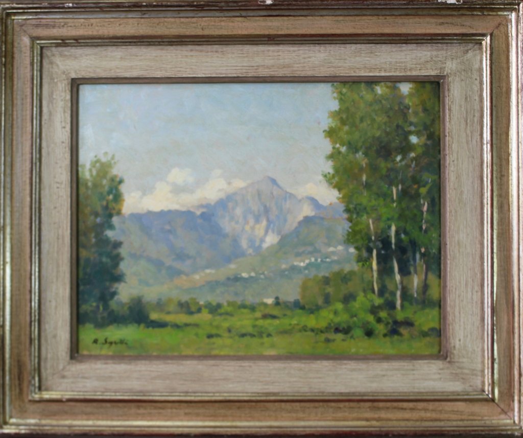 Roberto Sgrilli, 1897-2000: Roberto Sgrilli, 1897-2000, Italian oil on wood panel, "Paisaggni in Verzilia", presentation en verso dated 1969, 16" x 12" image, 23" x 19" frame, very good condition, signed 3 times.