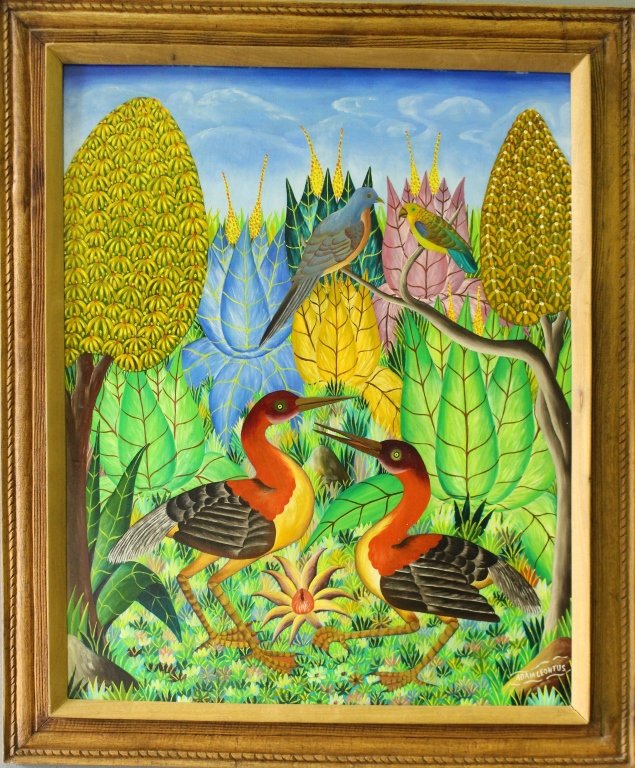 Adam Leontus, born 1928, Haiti: Adam Leontus, b. 1928 Haiti, oil on board, two tropical birds in colorful landscape, signed lower right, very good condition, image 24" x 30", frame 30" x 36".