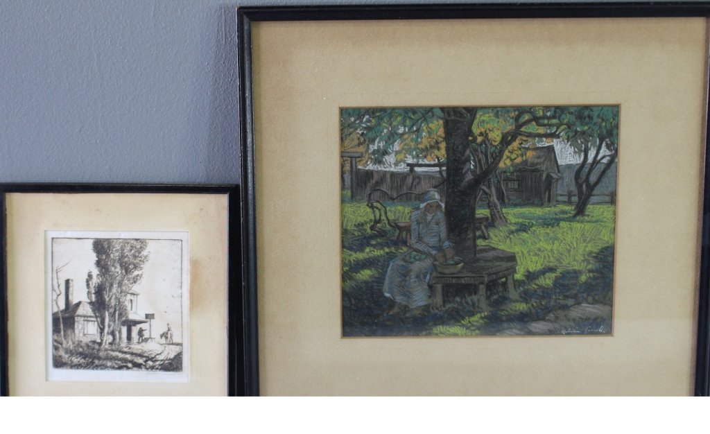Two Malcolm Parcell, 1896-1987: Two pieces by Malcolm Parcell, 1896-1987, Pennsylvania genre artist, pastel and crayon of young woman sitting under a tree with a bowl, rural farm background, good condition, 9.5" x 8" image, 16" x 15