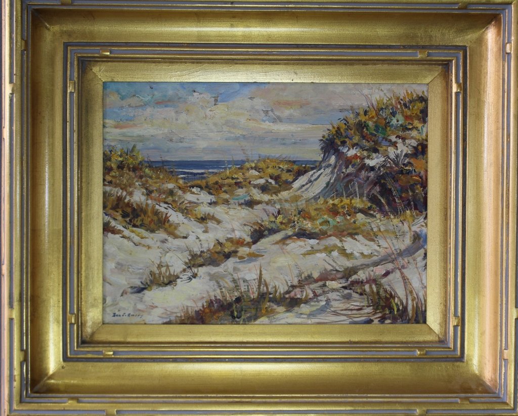 Don J. Emery, 20-21st Century Mass.: Don J. Emery, 20-21st century, MA. oil on artist's board of seashore with grassy dunes in foreground. Signed lower left, image 16" x 12", Aesthetic Movement frame 25" x 21", good condition.