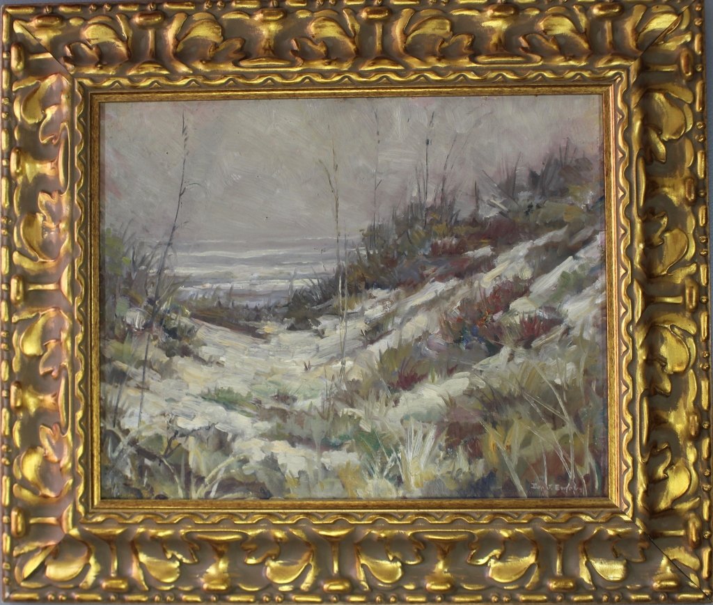 Don J. Emery, 20-21st Century, Mass.: Don J. Emery, 20-21st century, Mass. oil on artist's board "Dunes in a Fog". Seashore in background with grass laden dunes in foreground under foggy sky. Image 20" x 16", gold ornate frame 28" x 24", 