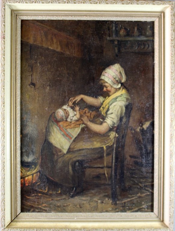 Donatus Buongiorno, 1865-1935: Donatus Buongiorno, 1865-1935, Italy/California, oil on canvas laid on metal backing, scene of mother sitting with baby in lap by fireside. Image 14" x 20.5", frame 18" x 24". Good condition.