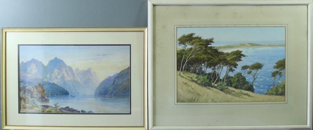 Two New Zealand Landscapes: Two New Zealand landscapes: Basil Honour, 1897-1988, oil on canvas board, Windswept trees overlooking ocean, image 19" x 14" in larger frame "On the Coast, Farewell Spit". Laurence William Wilson, 185