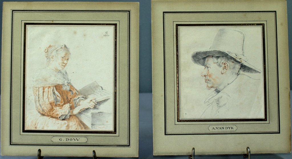 Two Dutch Portrait Prints: Two very old Dutch portrait prints, c. 1767, Amstel, one of Gennit Douw (Genny Gow), and the other of Anthoni Van Dyk. Out of frame examination reveals back stamps, seals, and bio information on both,