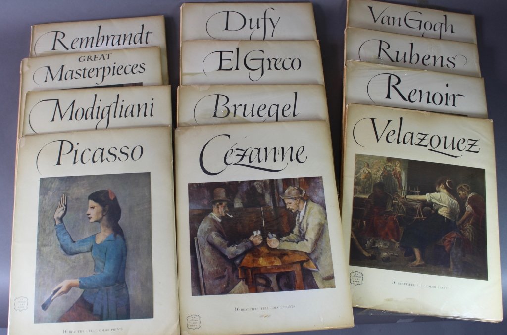 Nineteen Volumes "Art Treasures of the World": Nineteen volumes "Art Treasures of the World" published in 1954 by Harry N. Abrams, New York City. Each volume contains 16 loose color prints by artists such as Picasso, Rembrandt, Cezanne, El Greco, 