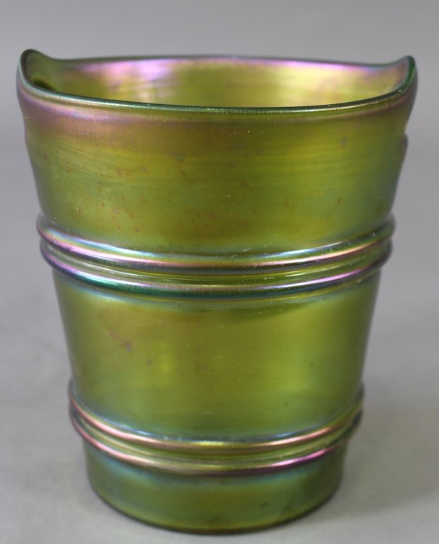 Kralik, Austria Art Glass Vase: Kralik, Austria, green iridescent art glass vase, 6.5" x 5.25" diameter bucket shape with horizontal ribs, unmarked, good condition.