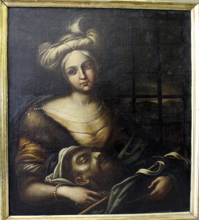 Mid 19th Century Oil on Canvas: Mid 19th century oil on canvas in the Old Master style, "Salome with the Head of John The Baptist". Figure sitting by mullioned window cradling head in lap, 27.5" x 31" image, 29.5" x 33" newer frame.