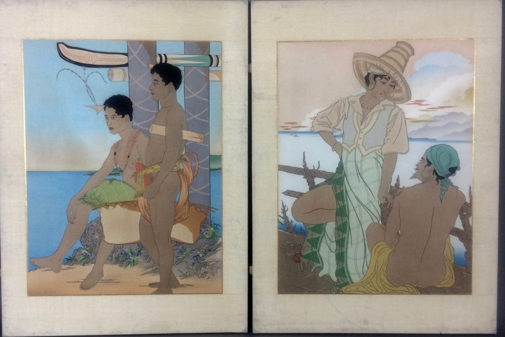 Two Paul Jacoulet Woodblock Prints: Two Paul Jacoulet woodblock prints. 1. Coucher de Soleil a Menado. Celebes". 2. La Jeune Chef Saragan Et Son Esclave forum, Tomil, Yap. Both are glue to a frame, perhaps original to each. A silk mat c