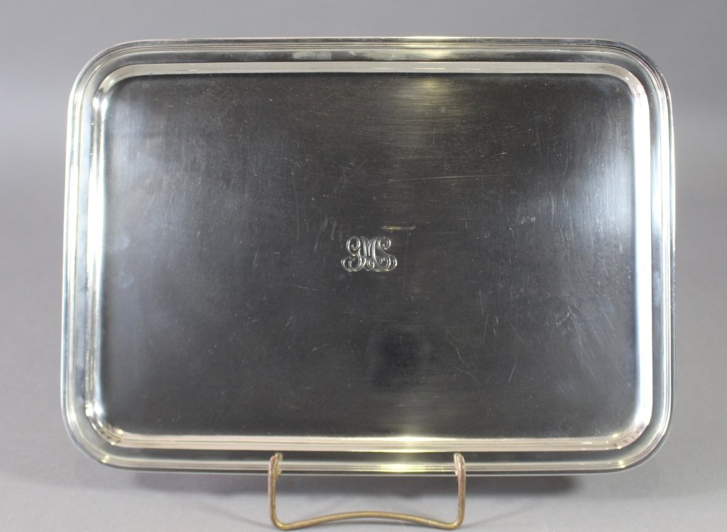 Tiffany and Co. Makers Sterling Silver Tray: Tiffany and Co. Makers sterling silver tray, monogrammed "GMS", 12" x 8.75", 22.125 ozt. minor scratches consistent with age and use.