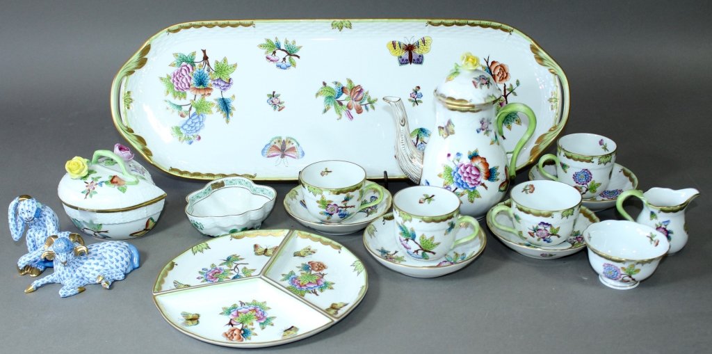 Herend Porcelain Group: Herend porcelain group: Butterfly and flowers demitasse set on tray (12 pieces), 2 figural animals (ram and monkey), 3 part divided condiment tray, covered box with floral finial, small China bouquet 