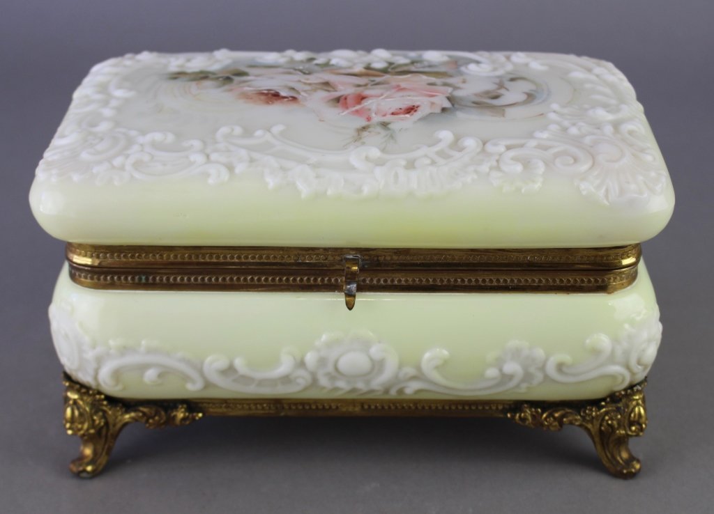 Wave Crest Rectangular Box: Very fine Wave Crest rectangular box on ormolu stand, signed with red shield mark, lining probably replaced, yellow tint with enameled roses, very good condition, 5.5" x 9.25" x 6.75".