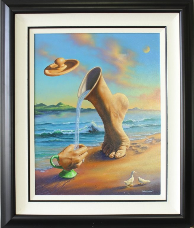 Jim Warren, Original on Canvas -Body Parts: Jim Warren, born 1949, original acrylic on canvas, surrealistic scene "Body Parts", signed lower right and titled, dated 2004, and signed en verso, image 22" x 28", frame 32.5" x 39", excellent condit