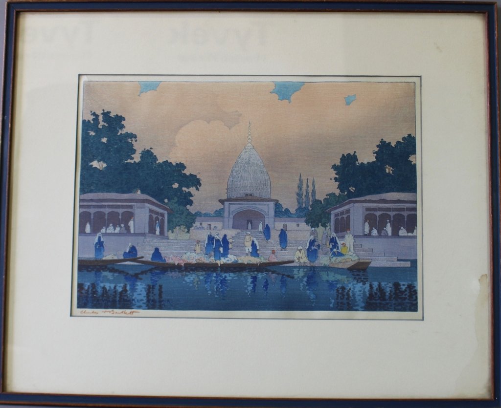 Charles Bartlett, 1860-1940: Charles Bartlett, 1860-1940, woodblock print, "A Village Temple-Kashmir", c. 1919, sight image 9.75" x 14.5", excellent color and condition, frame 21.5" x 17.5".