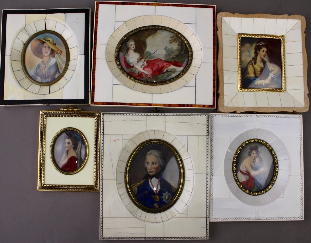 Miniature Portraits in Bone Tile Frames (6): Six miniature hand painted portraits in bone tile frames: largest 5" x 5.5" of military man in dress uniform, 5.5" x 4.75" reclining woman is signed "Nattier", lady with large hat frame slightly imper