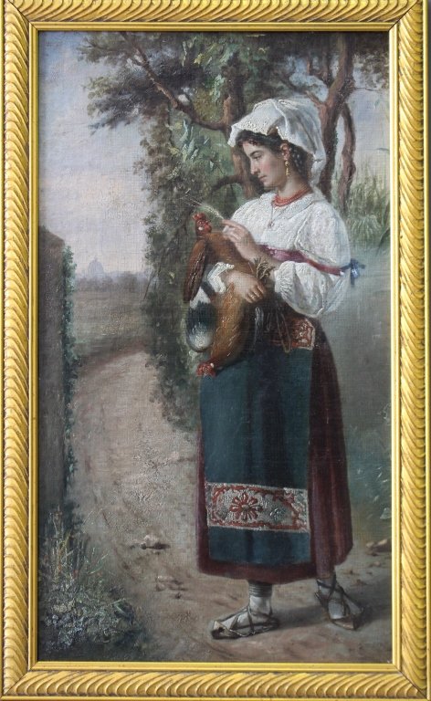Italian Oil on Canvas Young Girl with Roosters: Italian oil on canvas "Young Girl with Roosters", this painting has exceptional detail and quality, unfortunately not signed. Relined, image 14" x 24", frame 16.5" x 27".