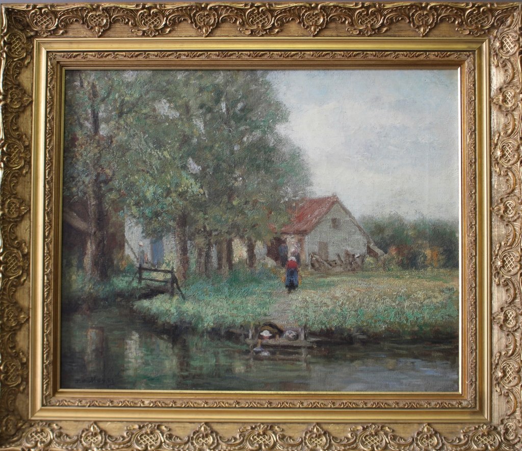 James C. Magee, 1846-1924: James C. Magee, 1846-1924, oil on canvas Impressionist landscape featuring red roof building and pond, lone figure on path, image 22" x 18", frame 29" x 25", signed lower left, very good condition.