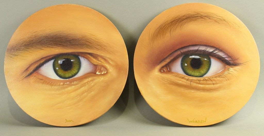 Two Jim Warren, Originals "Man" and "Woman": Two Jim Warren, born 1949, original photo realist acrylic on canvases, part 1 "Man" and part 2 "Woman", each featuring one eye of each person, signed and dated en verso by artist 2007, most unusual si