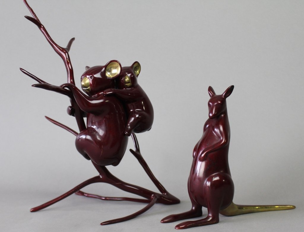 Two Loet Vanderveen Bronzes: Two signed Loet (Vanderveen), 1921-2015, South African, polychrome bronze Australian animal figures: limited edition 222/1500 kangaroo 7" x 8" and two Koalas on a branch, 749/1750, 11.5" x 11" x 8.5" 