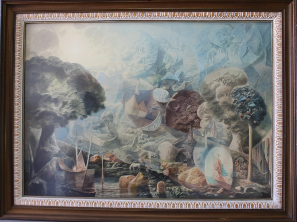 Harold Hitchcock 1914-2009: Harold Hitchcock, 1914-2009, watercolor and gouache on board, "Road to Damascus", signed with monogram and dated 1967, image 41" x 29", frame 48" x 36.5". Accompanied by original bill and COA. One min