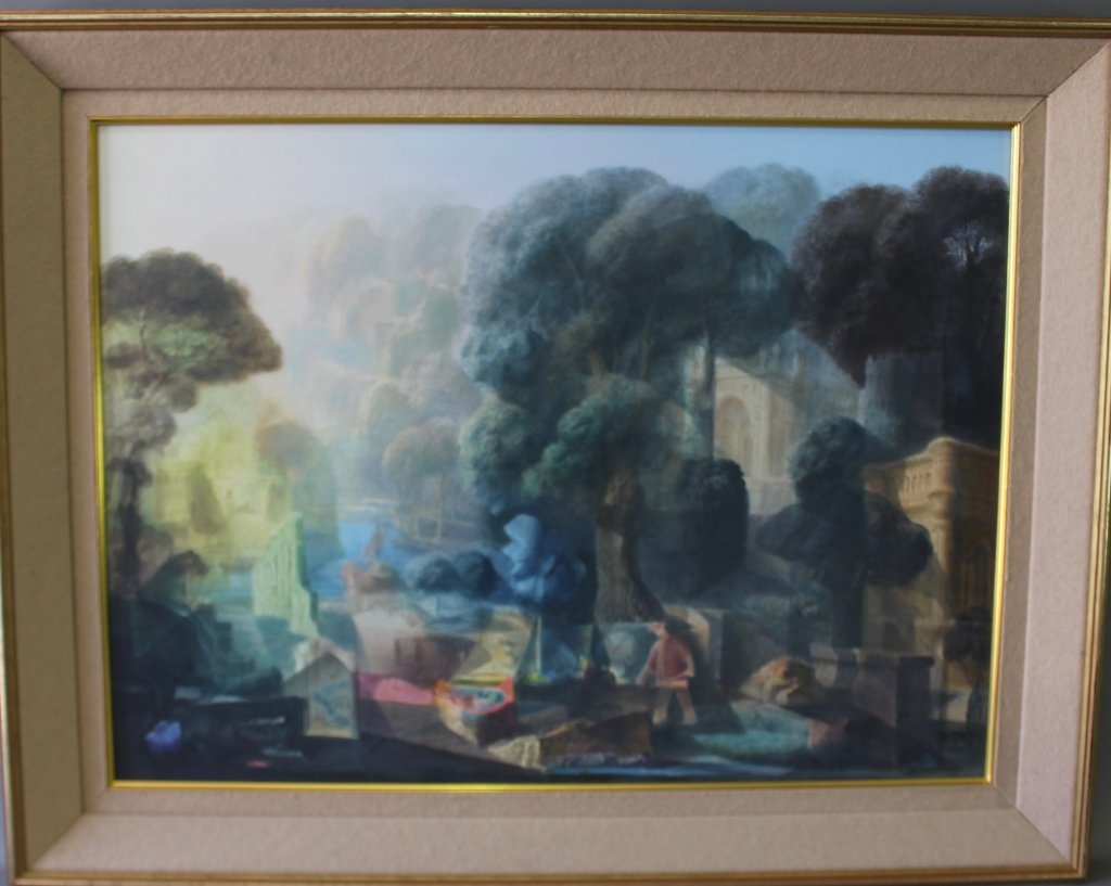 Harold Hitchcock, 1914-2009: Harold Hitchcock, 1914-2009, watercolor and gouache on board, "Dimensional Landscape", combines impressionism with abstract, signed lower right with initials, dated 1976, image 21" x 29", frame 28" x 