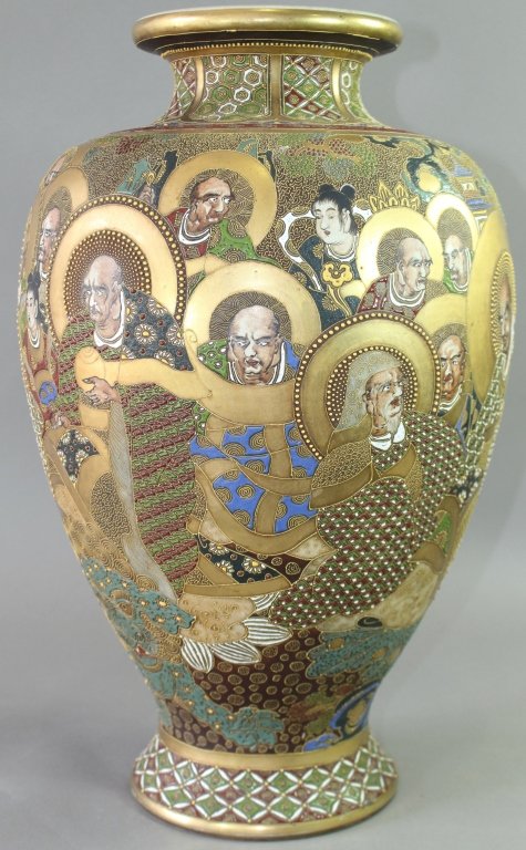 Monumental Japanese Satsuma, 21.5": Monumental Japanese Satsuma vase, all over gold decoration and squeeze bag enameling, faces and portraits surround this 21.5" x 14" diameter behemoth. Very good condition with professionally filled dr