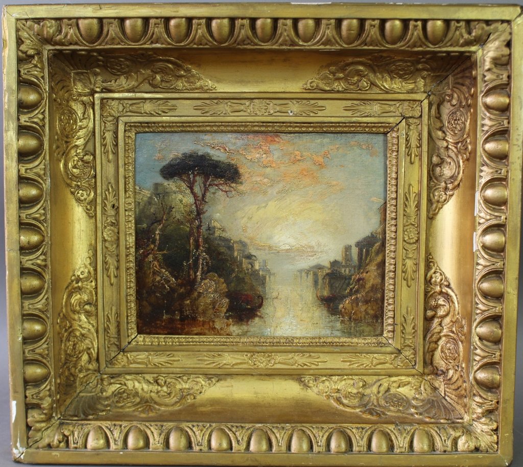 Italian Oil on Canvas Landscape: Italian oil on canvas landscape, setting sun on river with buildings and structures on steep embankments, very fine detail, no signature, in old gold shadowbox frame, image 10.25" x 8.25', frame 18" x