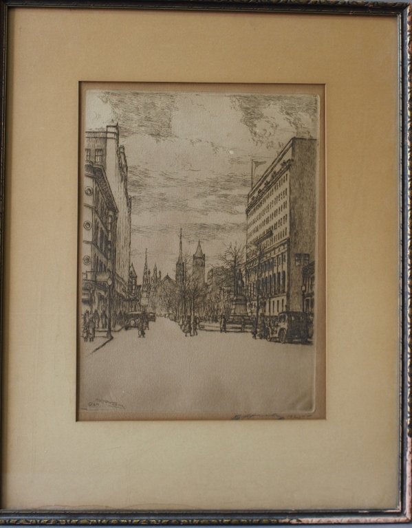 Edward T. Hurley Etching, C. 1925: Edward T. Hurley etching of busy street in Cincinnati, Ohio, dated 1925, signed in pencil lower right. Copyright signature lower left, from Clossen Art Gallery, Cincinnati, image 9" x 13", in original