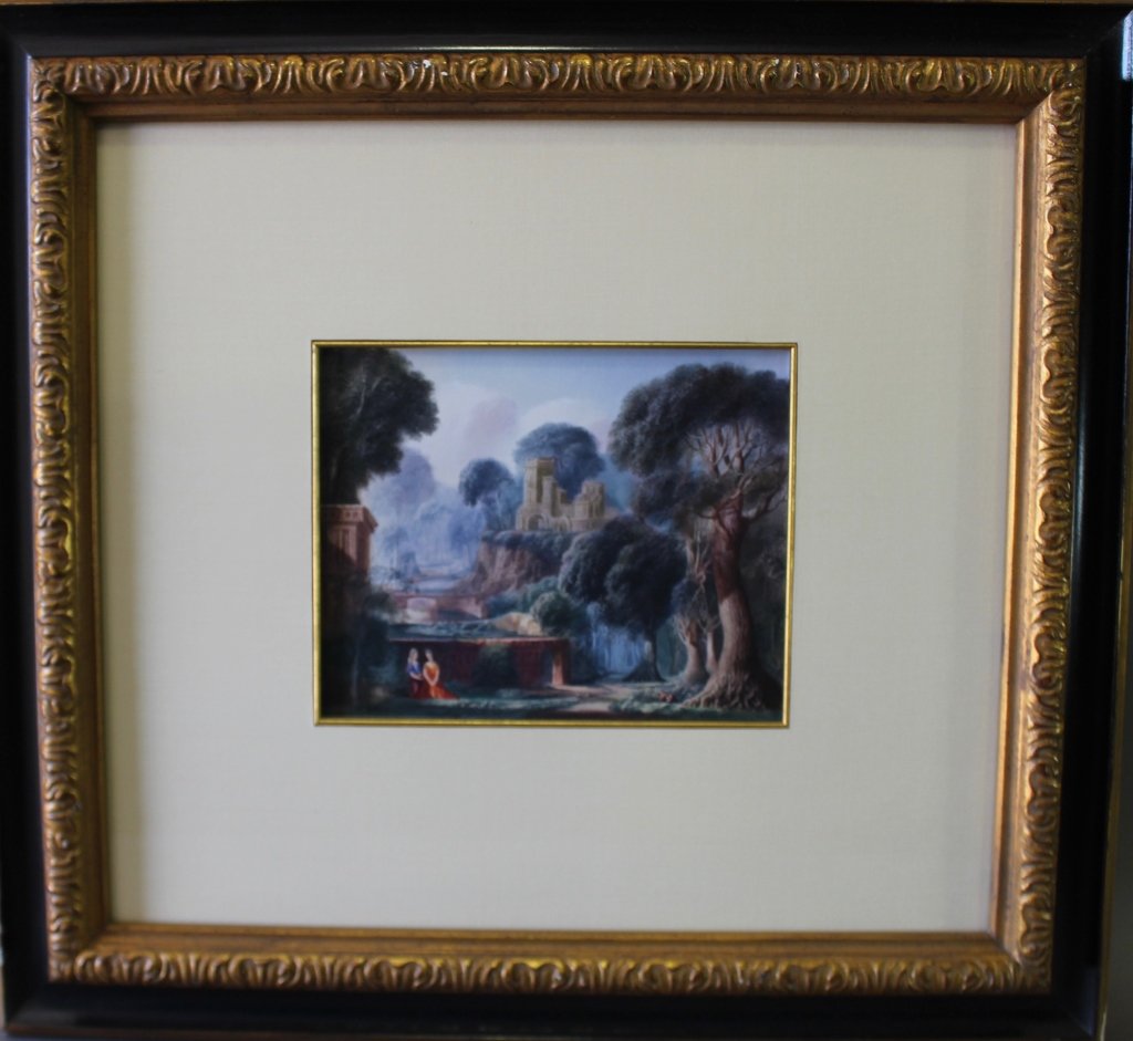 Harold Hitchcock, 1914-2009: Harold Hitchcock, 1914-2009, watercolor and gouache on board, landscape with castle in background, signed lower left with initials and dated 1972, image 9.5" x 8", frame 24.5" x 23", excellent conditi
