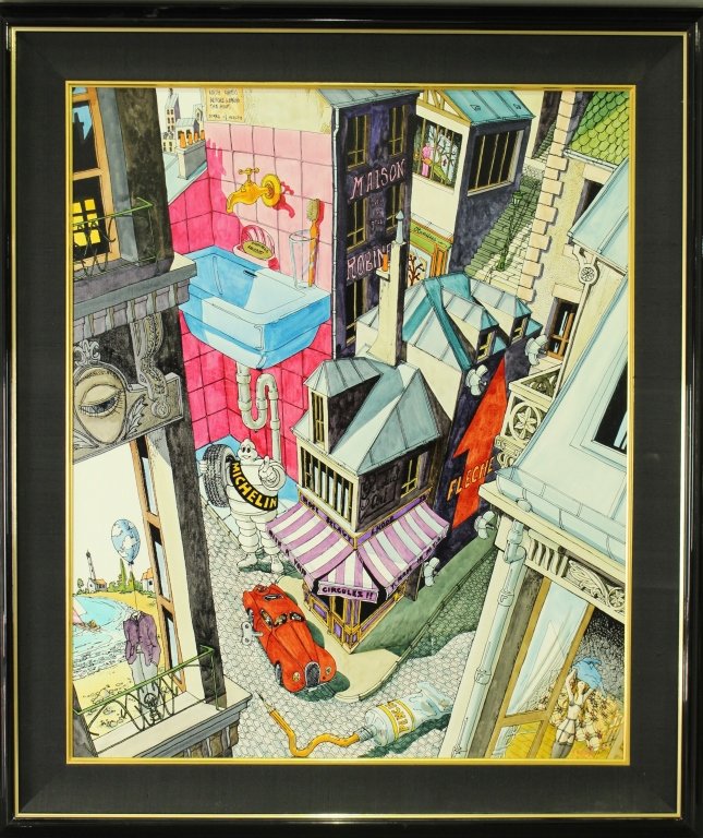 Y. B. Martin, Original Oil "Chef's Salad": Yves B. Martin, original oil on canvas, fantasy cityscape street scene entitled "Chef's Salad", dated 1990, extremely fine detail and fooling of the eye, image 30" x 36", frame 36.5" x 42.5", signed t