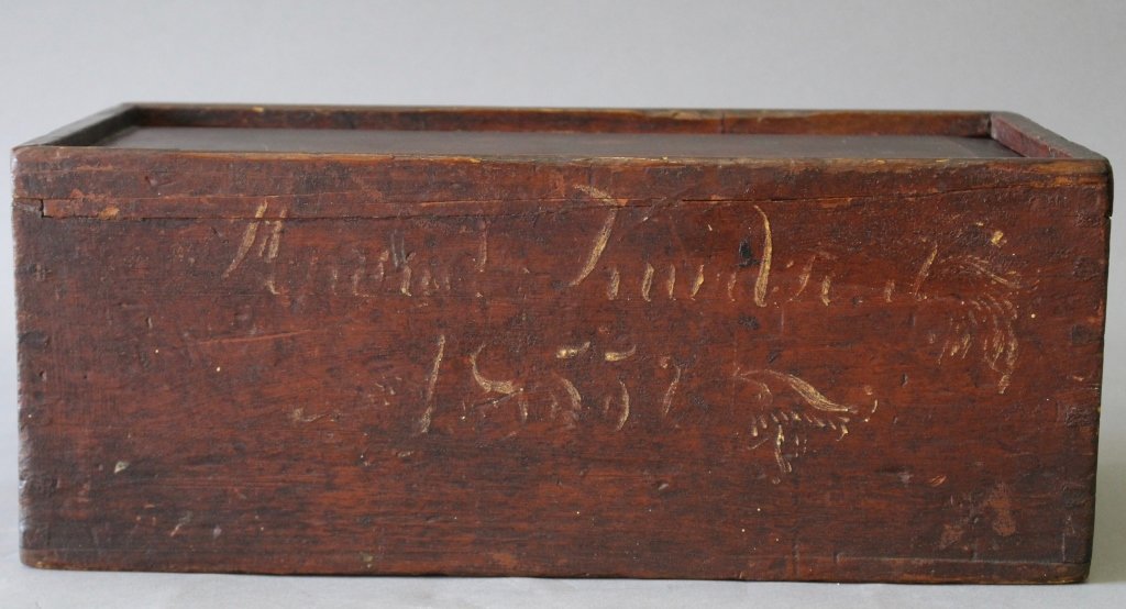Primitive Folk Art Candle Storage Box: Primitive folk art candle storage box, in pine with sliding lid, dated 1855. Unreadable name on exterior, dovetail construction, great patina, good condition for 160 years old. 15" long, 6" high, 8" d