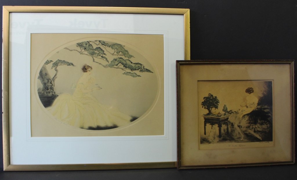 Two French Art Deco Prints: Two French Art Deco prints, Louis Icart "Le Jardin Japonais" signed lower right in plate, 10.75" x 9" image, frame 16.75" x 15". "The Song Bird" by Cervenka, 17.5" x 13.5" image, 25" x 22" frame. Both