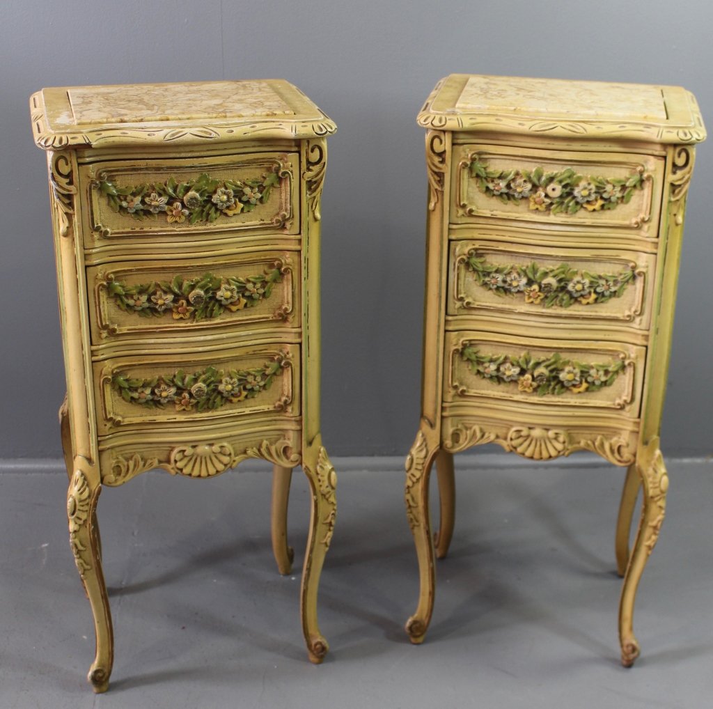 Pair of Italian 3 Drawer Barbola Cabinets: Pair of Italian 3 drawer Barbola decorated cabinets with inset marble tops, all over carving, ivory background with color enhanced floral embellishments on the drawer fronts, solid structure, good con
