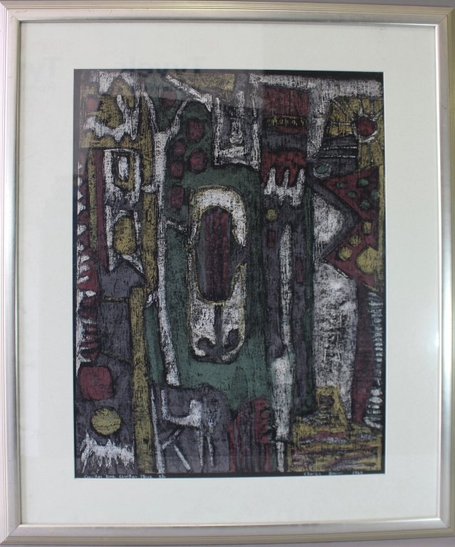 Charles Brown, Mid-century Artist: Charles Brown, mid-century modern artist, colored lithograph, "Another Time, Another Place", signed and dated 1964 lower right, image 20.5" x 27", frame 30.75" x 36", good condition.