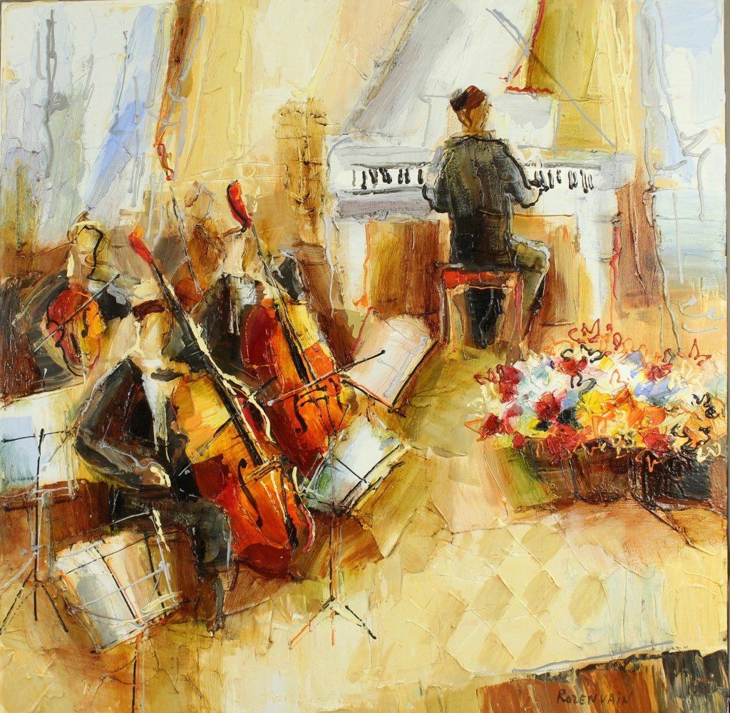 Michael Rozenvain, Original on Canvas: Michel Rozenvain, original acrylic on canvas, abstract of cellists and piano player, thick use of palette knife, vivid colors, image 30" x 30", museum wrapped, signed lower right, good condition.