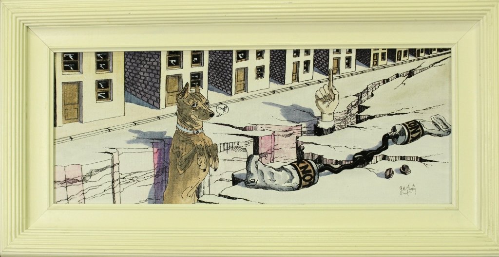 Y. B. Martin, Original on Canvas "Doggy": Yves B Martin, original on canvas, "Doggy", surreal fantasy art depiction of begging dog, cracked city street, squeezed oil paint tubes, dated 1988, signed front and back, image 20" x 8", frame 25" x 