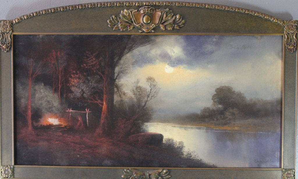 William Henry Chandler, 1854-1928: William Henry Chandler, 1854-1928, pastel on paper, moonlit campfire lakeside scene, in original 19" x 31" painted frame. Signed lower right, image 27.5" x 13.75", excellent condition.