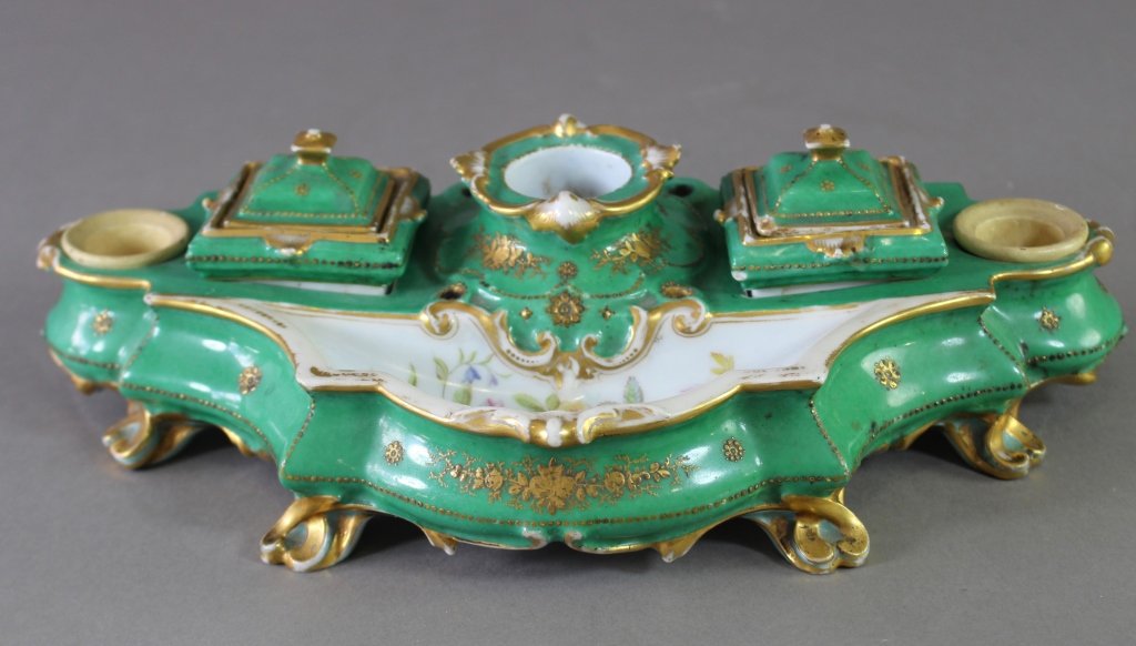 French Porcelain Inkstand: French porcelain inkstand, c.1850, 5 wells (2 covered), hand painted floral trough, turquoise green, delicate gold floral decoration, overall wear to gold areas, extraordinary condition less two exter