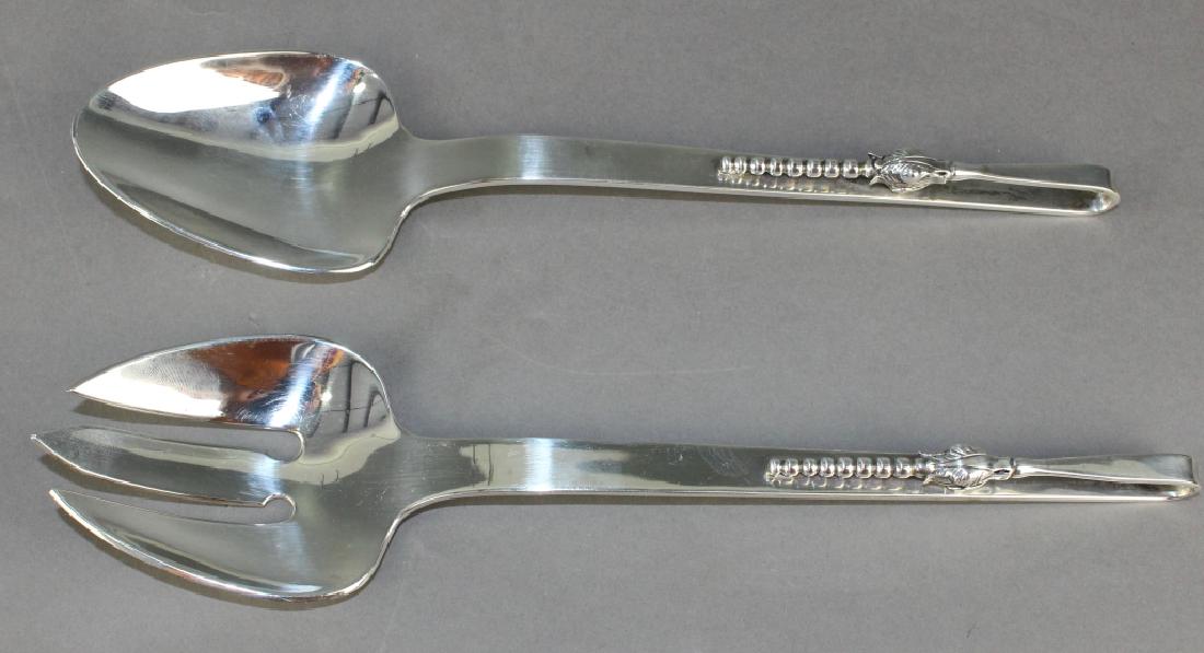 Mexican Sterling Salad Set: Mexican sterling silver salad fork and spoon, signed "RR" in a circle, Hecho en Mexico, .925, Danish Blossom pattern, each 11" long, 11.75 ozt.