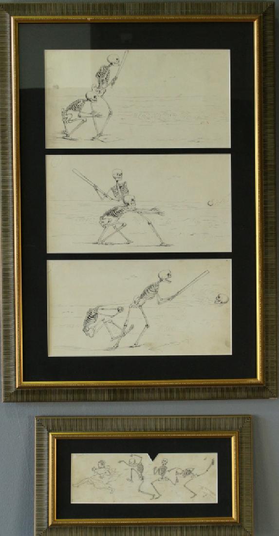 Four Edward T. Hurley Pen & Ink Drawings: Four Edward T. Hurley 1869-1950, pen and ink drawings of animated skeletons. Triptych of base ball batter, the catcher then moving up, the swinging taking the catcher's skull off. Each image 14" x 8",
